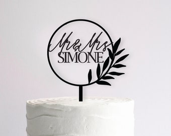 Floral Wreath Wedding Cake Topper -  Personalised Wooden Cake Hoop Topper - Mr & Mrs - Foliage Cake Design