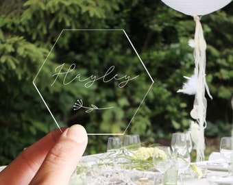 Acrylic Hexagon Wedding Name Place Setting - Clear perspex with floral detail place card - laser cut - Table Favour