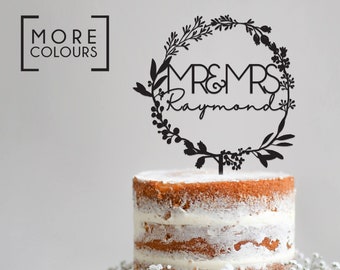 Floral Wreath Wedding Cake Topper - Personalised Wooden Cake Topper (x5 colour options, any wording)