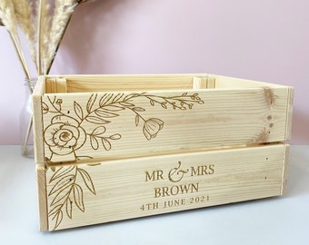 Wooden Wedding Crate - Personalised floral wood wedding box - Wedding Hamper - Mr & Mrs - Card Box - Flip Flop crate - confetti popcorn