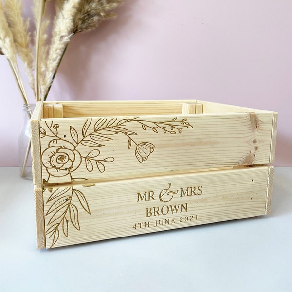 Caisse de mariage en bois - Boîte de mariage en bois florale personnalisée - Panier de mariage - Mr & Mrs - Boîte à cartes - Caisse à tongs - Pop-corn confetti