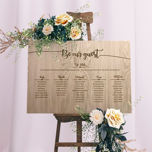 Oak Wedding Table Seating Plan - Engraved - Wedding Guests - Take your seats - rustic - wooden