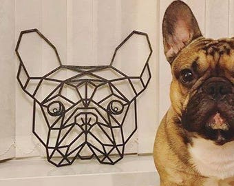 May include: A brown and white French bulldog sitting on a wooden table, looking at the camera. A black geometric wire sculpture of a French bulldog is on the wall behind the dog.