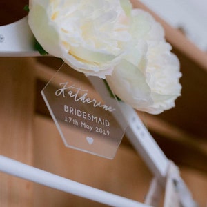 Personalised Acrylic Wedding Dress hanger Tag Bridesmaid Gift Flower Girl Coat Hanger Charm image 1