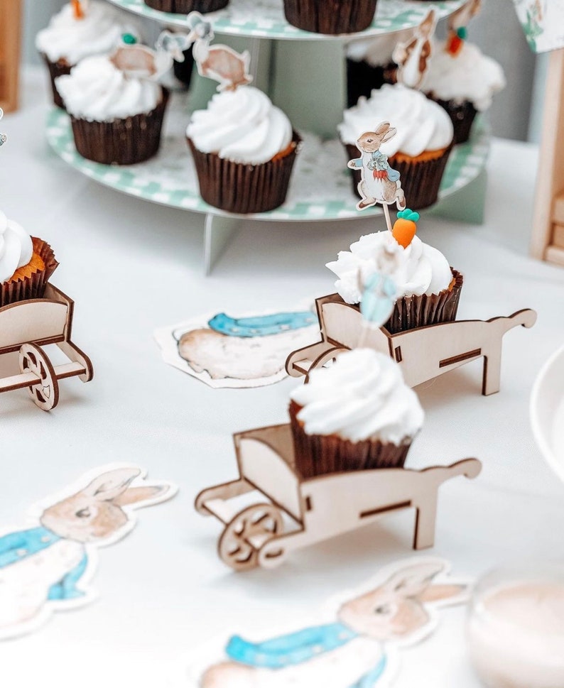 Multi-Pack Peter Rabbit Wheelbarrow Cupcake Holders Wooden Wheelbarrow Mini Party Favour Easter egg basket Beatrix Potter Theme Party image 4