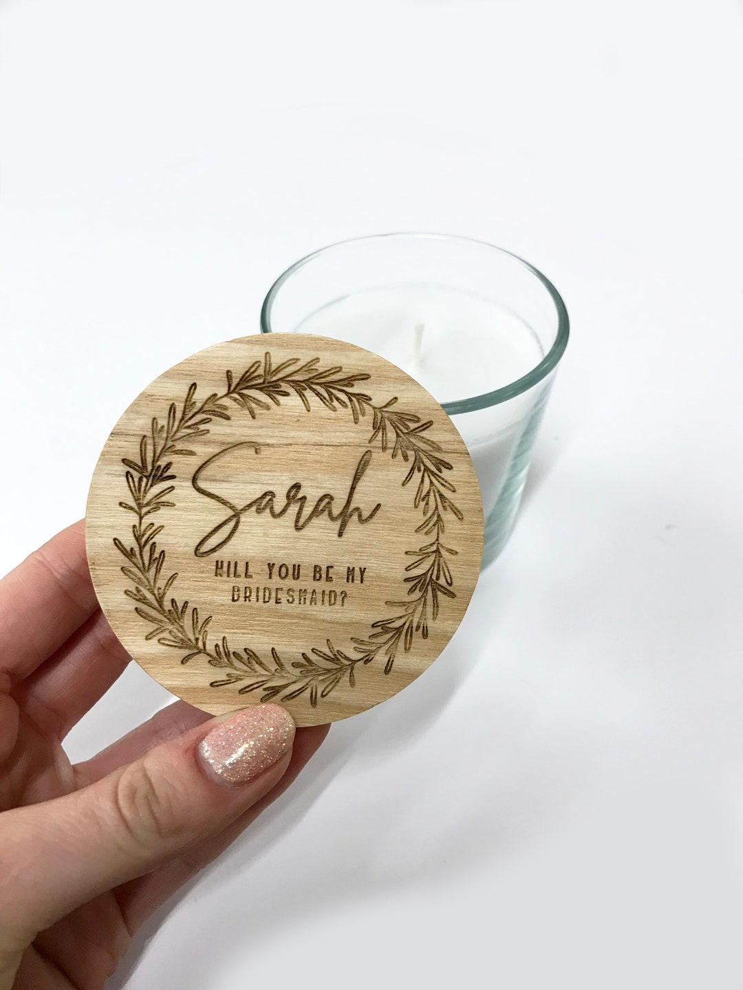 Personalised Candle Glass Candle Jar Wooden Lid Engraved Bridesmaid