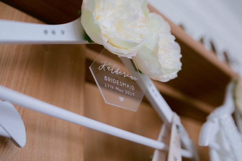 Personalised Acrylic Wedding Dress hanger Tag Bridesmaid Gift Flower Girl Coat Hanger Charm image 1