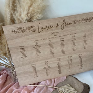 Eiken Bloemen Trouwtafel Zitplan - Gegraveerd - Bruiloft Gasten - Neem plaats - rustiek - houten