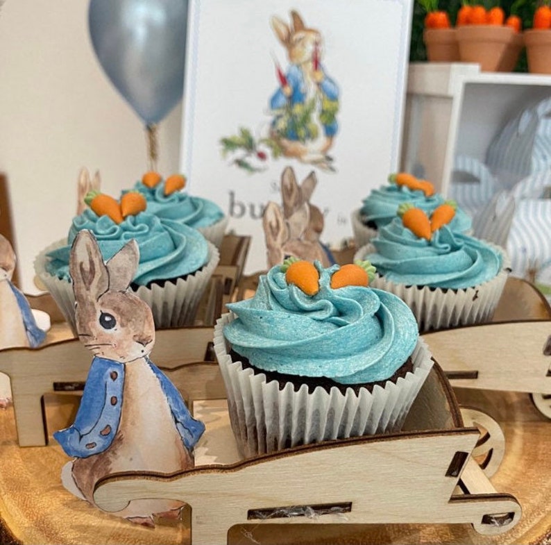 Multi-Pack Peter Rabbit Wheelbarrow Cupcake Holders Wooden Wheelbarrow Mini Party Favour Easter egg basket Beatrix Potter Theme Party image 3