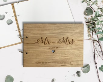 Oak Wood Married Name Wedding Guestbook - Wooden Engraved Photo Album Scrapbook - personalised - Wedding guest book