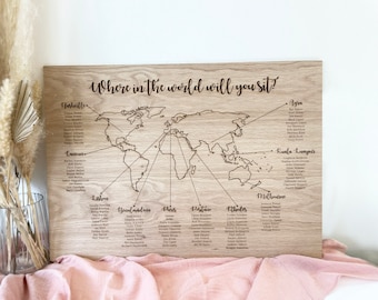 World Map Oak Wedding Table Seating Plan - Engraved - Wedding Guests - Take your seats - Where in the world will you sit