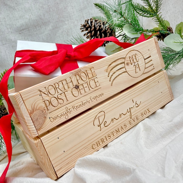 Personalised Christmas Eve Box Crate - Christmas Hamper, Personalised Crate -  North Pole Post Office - Reindeer Mail