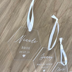 Personalised Acrylic Wedding Dress hanger Tag Bridesmaid Gift Flower Girl Coat Hanger Charm image 3