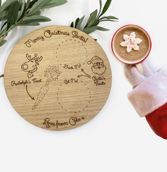 Santa's Treat Plate Personalised Oak Wood Santa Milk, Mince Pie