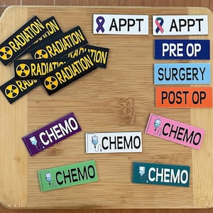 May include: A set of colourful labels with various medical terms, including "Radiation", "Chemo", "Pre Op", "Surgery", and "Post Op". The labels are printed on white, blue, pink, orange, and green backgrounds.
