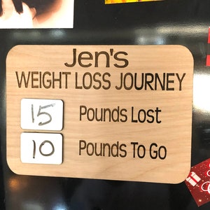 May include: A wooden sign with the text "Jen's Weight Loss Journey" and two white squares with the numbers "15" and "10" written on them. The text "Pounds Lost" and "Pounds To Go" are written below the squares.