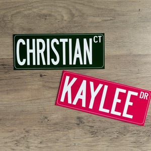 Puede incluir: Dos placas de nombres personalizadas, una verde con texto blanco "CHRISTIAN CT" y una rosa con texto blanco "KAYLEE DR".