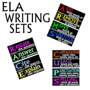 May include: Four colorful posters with black backgrounds and white text outlining writing tips for ELA. The posters are titled "Restate, Answer, Cite, Explain", "Add, Remove, Move, Substitute", and "Capitalization, Usage, Punctuation, Spelling".