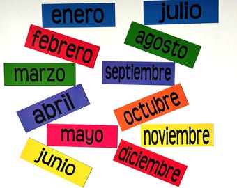May include: Colorful rectangular cards with the Spanish words for months of the year: enero, febrero, marzo, abril, mayo, junio, julio, agosto, septiembre, octubre, noviembre, diciembre.