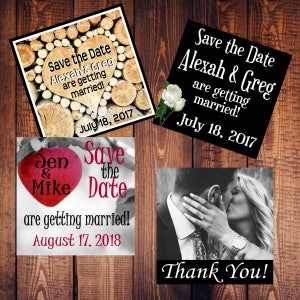 May include: Four save the date cards with different designs. The first card has a wood background with a heart shape made of wood logs. The second card has a black background with white text. The third card has a red heart with white text. The fourth card has a black and white photo of a couple kissing. All cards have the text "Save the Date" and the names of the couple.