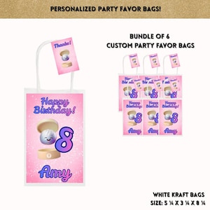 May include: White kraft party favor bags with pink gradient background. The bags feature a cartoon dumpling graphic, the number 8, and the name "Amy". The bags are 5.25" x 3.75" x 8.25" and have white handles. Text reads "Happy Birthday!" and "Thanks!"