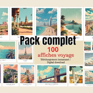 May include: A set of 100 travel posters showcasing global locations such as Arizona, Paris, and Brooklyn Bridge. The posters have a vintage style with watercolour illustrations and the text "Pack complet" and "Digital download".