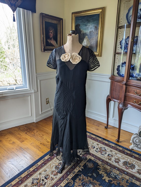 Antique Vintage 1920's-30's Black Bias Cut Dress … - image 1