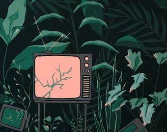 Retro TV and Plants — Limited Edition Linocut Print