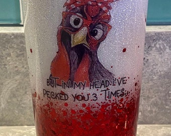 I May Look Calm Chicken Stainless Steel Tumbler. Please list font choice for name in personalization section.