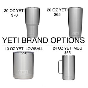 May include: A selection of YETI brand drinkware in various sizes and styles, including a 30 oz tumbler, a 20 oz tumbler, a 10 oz lowball, and a 24 oz mug. All items are stainless steel and have the YETI logo.