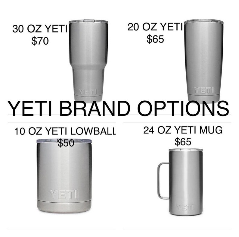 May include: A selection of YETI brand drinkware in various sizes and styles, including a 30 oz tumbler, a 20 oz tumbler, a 10 oz lowball, and a 24 oz mug. All items are stainless steel and have the YETI logo.