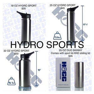 May include: Four stainless steel water bottles with different sizes and lids. The bottles are labeled with their size and price. The largest bottle is 32 ounces and costs $50. The smallest bottle is 18 ounces and costs $35. The other two bottles are 25 ounces and cost $45. The bottles are all silver in color and have a brushed finish.