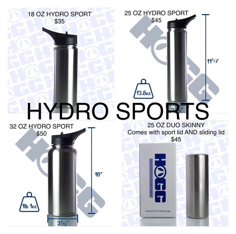 May include: Four stainless steel water bottles with different sizes and lids. The bottles are labeled with their size and price. The largest bottle is 32 ounces and costs $50. The smallest bottle is 18 ounces and costs $35. The other two bottles are 25 ounces and cost $45. The bottles are all silver in color and have a brushed finish.