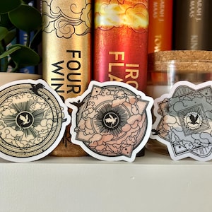The Empyrean series handmade stickers, with Fourth Wing, Iron Flame and Onyx Storm