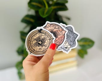 The Empyrean series handmade stickers, with Fourth Wing, Iron Flame and Onyx Storm