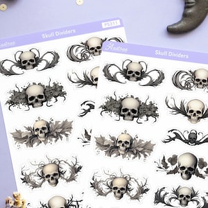 May include: Two sheets of skull divider stickers with a white background and black and white skull designs. The stickers are labeled "Skull Dividers" and have the text "Aesthetic" on them.