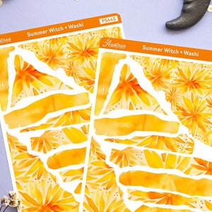 Hoja de pegatinas washi amarillo naranja, Pegatinas Bujo estéticas brillantes, Pegatinas decorativas para diario de balas de verano, Washi de patrón de verano estacional