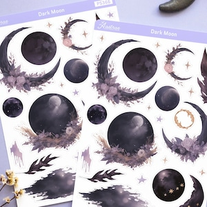 Stickers donkere maan, stickers botanische maan, stickervel maan, stickers heks ongewenste dagboek, stickers gothic deco, Bujo Grimoire