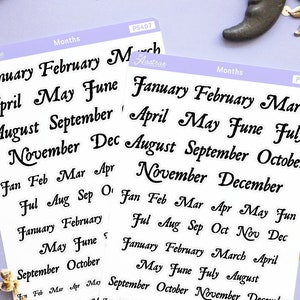 Adesivi per pianificatore di mesi, adesivi funzionali, adesivi di testo, adesivi con testo mensile per pianificatore, foglio di adesivi per calendario mensile, adesivi Bujo