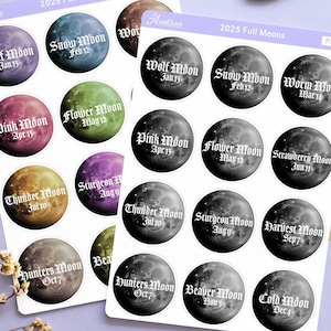 Stickers volle maan 2025, stickers heidense maan planner, stickers namen en datums volle maan