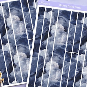 Hoja de pegatinas washi con cielos tormentosos, pegatinas washi en azul plateado, pegatinas decorativas Bujo, hoja de pegatinas washi con acuarela y estado de ánimo invernal