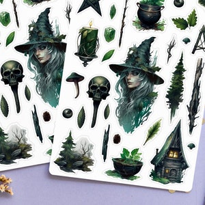 Forest Witch sticker vel, groene heks magie stickers, hekserij stickers, esoterische occulte heidense heidendom Wiccan Wicca Witchy Deco Bujo