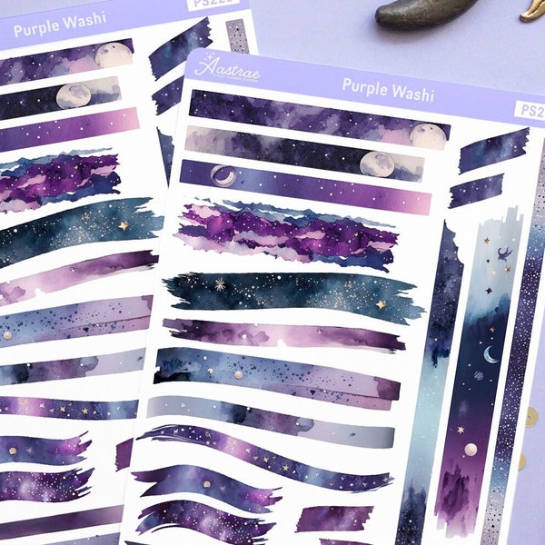 Purple Washi Sticker Sheet, Celestial Washi Stickers, Esthetische Stickers voor Planner, Decoratieve Journaling Stickers, Scrapbook Stickers