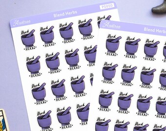 Könnte beinhalten: Zwei Blätter mit Aufklebern mit einem violetten Mörser- und Stößeldesign. Die Aufkleber zeigen "Blend Herbs" und "Ard & Co.". Die Aufkleber befinden sich auf einem hellvioletten Hintergrund mit goldenem Glitzer und anderen dekorativen Elementen.