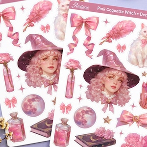 Stickervel roze flirt heks, stickers coquette esthetische deco, zacht meisje tijdperk Bullet Journal stickers Bujo, scrapbooking plakboek