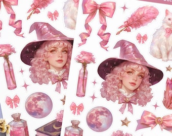 Puede incluir: Dos hojas de pegatinas rosas y blancas con una bruja de pelo rosa con un gato blanco, lazos rosas, una pluma rosa, un cristal, una botella de poción, un libro, una luna y estrellas. Las pegatinas están etiquetadas como "Pink Coquette Witch + Deco" y "Aastroe" con el número de producto "P5553".