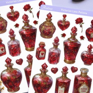 Foglio di adesivi con bottiglie di pozioni d'amore vittoriane rosse, decorazione di grimorio stregonesco, effimeri diari vintage, elementi di scrapbooking, lettura fantasy