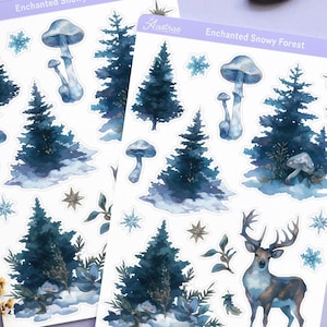Stickers forêt enneigée enchantée, Stickers nature hiver, Stickers temps froid saisonniers, Bullet Journal Bujo pour journal esthétique
