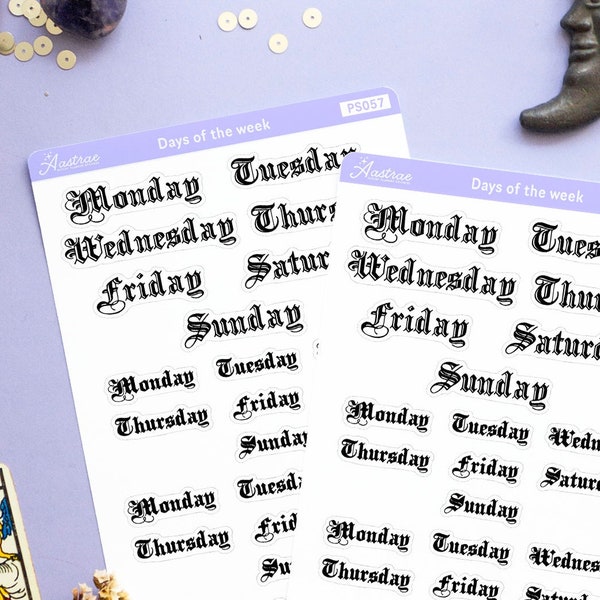 Days of the Week Stickers, Script Stickers for Planner, Gothic Font Stickers, Day Stickers, Day of the Week Planner Stickers Bullet Journal