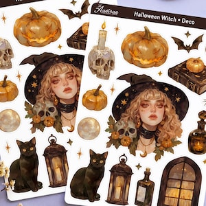 May include: Two sticker sheets with Halloween-themed illustrations, including a witch, pumpkins, black cats, and candles. The sheets are labeled "Halloween Witch + Deco". Other items include tarot cards, crystals, and decorative elements.
